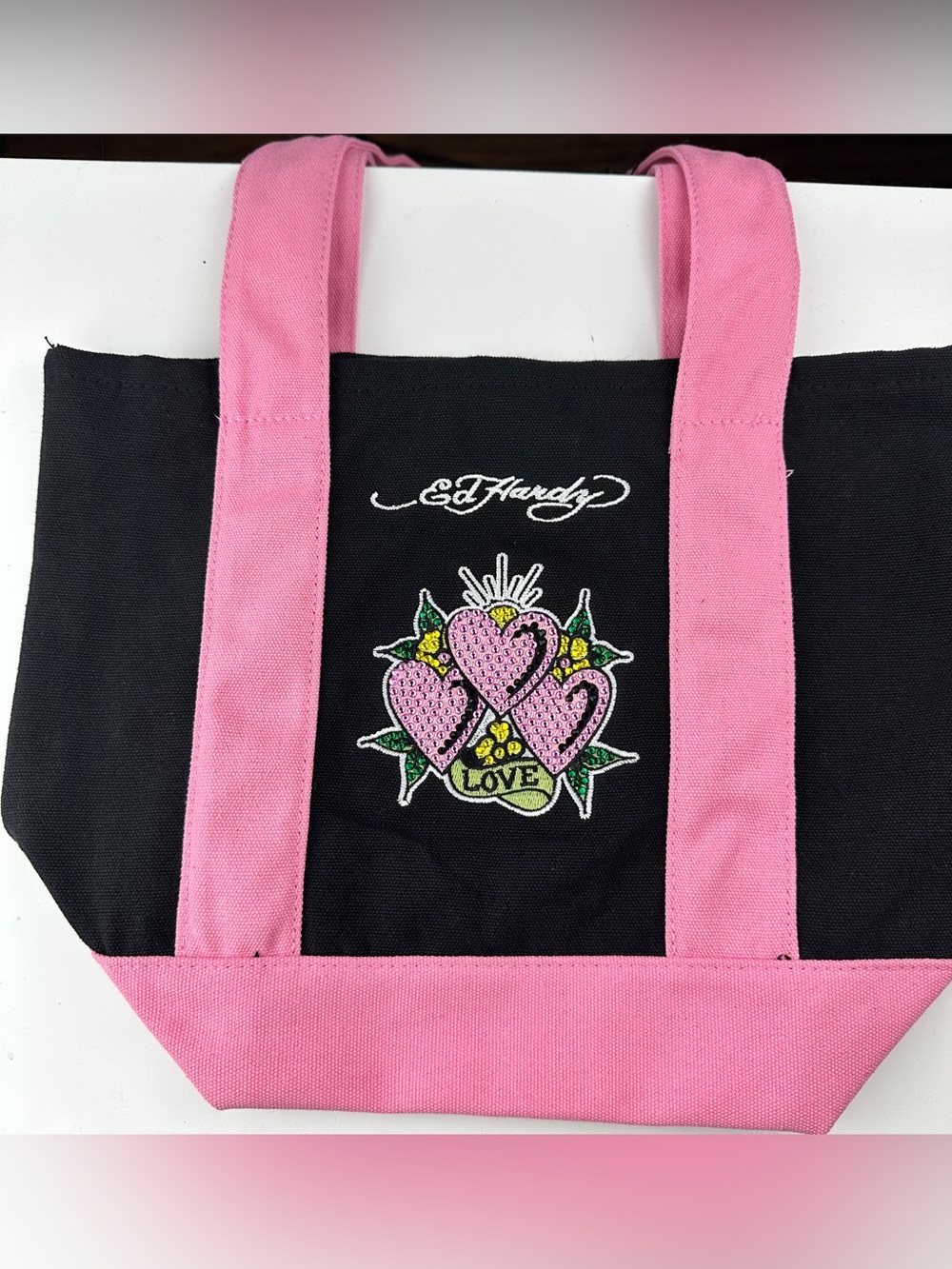 NWT Ed Hardy Black Pink Rhinestone Heart Love Canvas Tote Bag